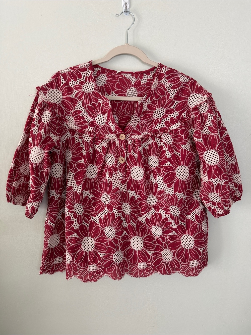 Red Floral Eyelet Peasant Top
